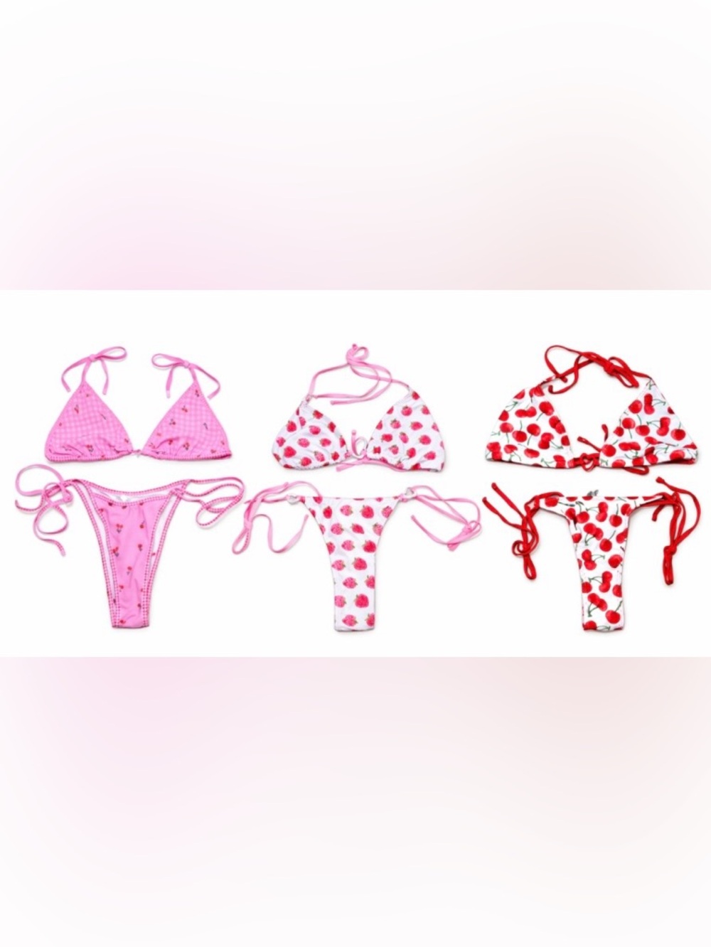 NWOT 3 Pc Bikini Bundle 🍒🍓 Cherry Strawberry Y2K Coquette String Bikinis Cute S